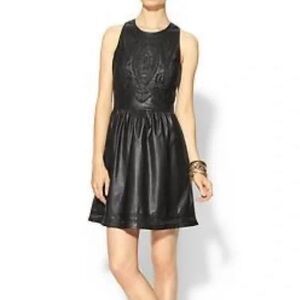 Sabine Solange Vegan Leather Black Mini Dress Laser Cut Detail - Small